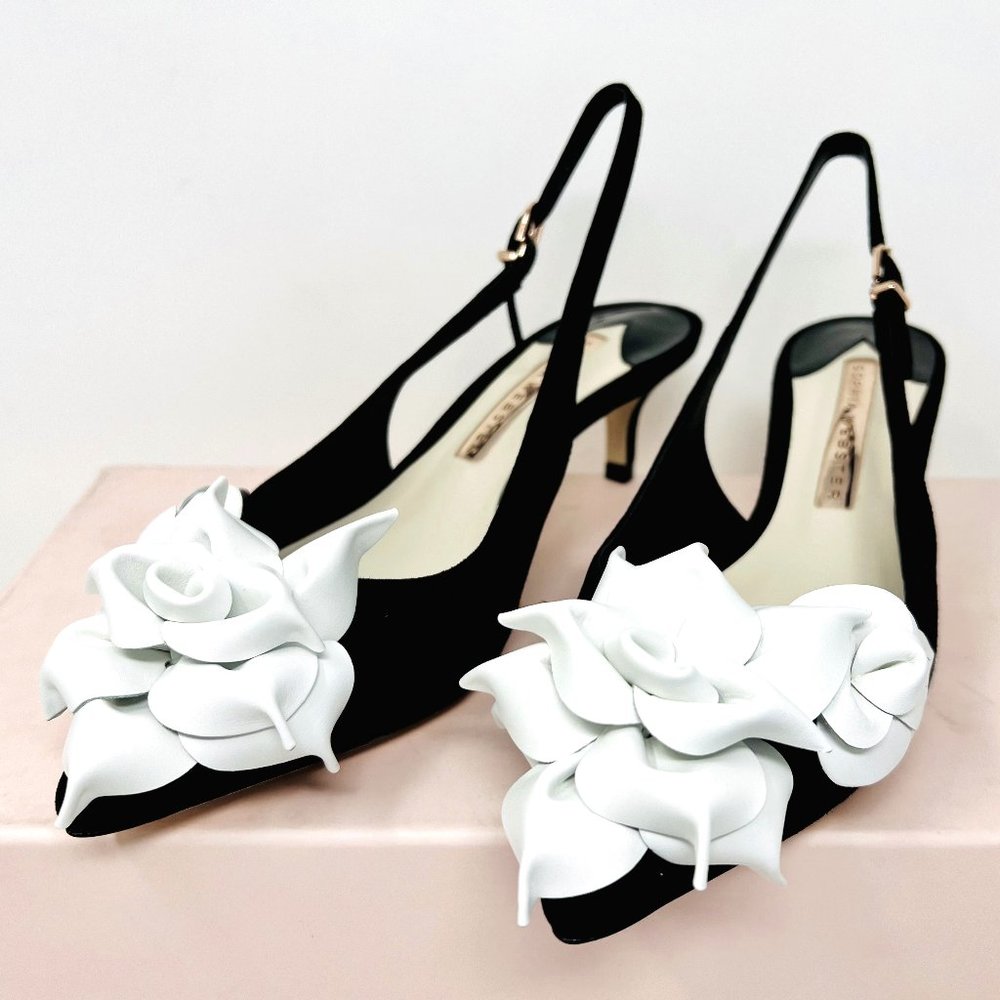 Sophia Webster Jumbo Lilico 50 White Rose Slingback Black Suede Women's Shoes